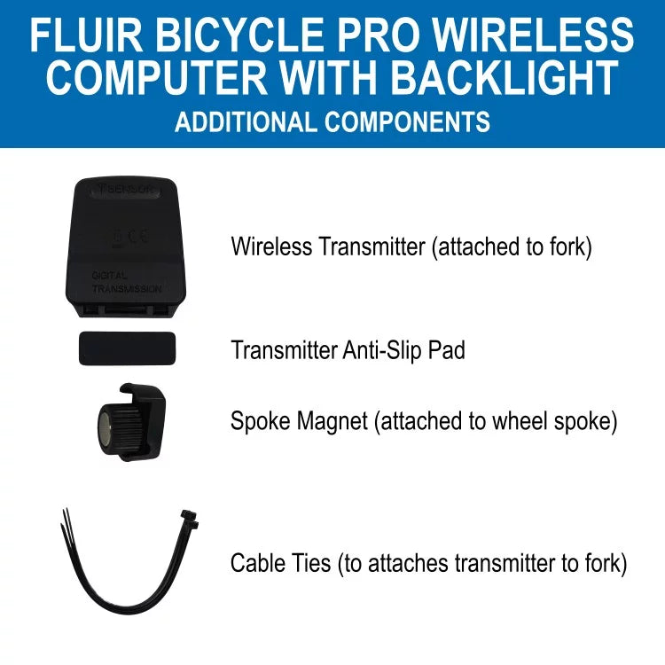 Fluir Bicycle Pro Wireless Computer with Backlight & Out Front Mount
