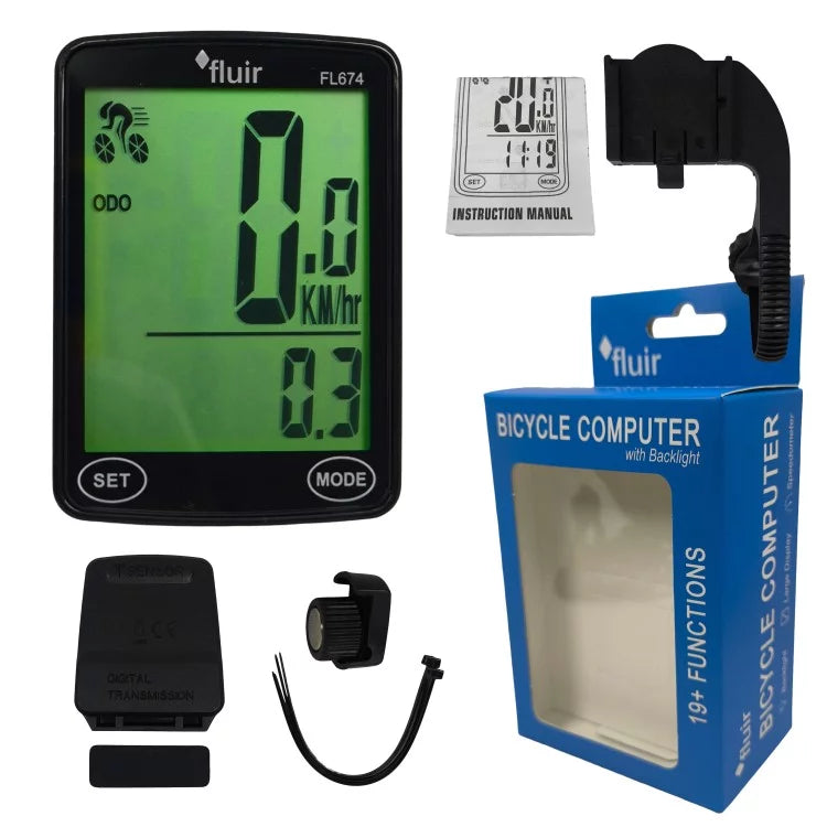 Fluir Bicycle Pro Wireless Computer with Backlight & Out Front Mount