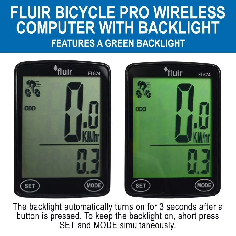 Fluir Bicycle Pro Wireless Computer with Backlight & Out Front Mount