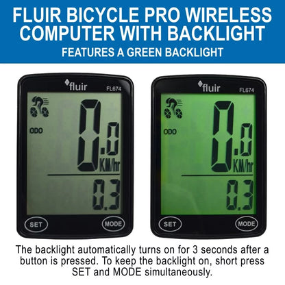Fluir Bicycle Pro Wireless Computer with Backlight & Out Front Mount